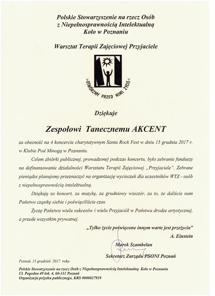 Podziękowania dla Zespołu Tanecznego AKCENT