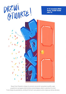 Zapraszamy na Drzwi Otwarte! 4 i 5 września, godz. 16:00-18:00 w sali nr 12 - plakat