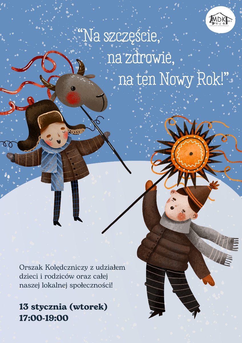 Orszak kolędniczy w MDKu - plakat - na plakacie dwójka kolędników