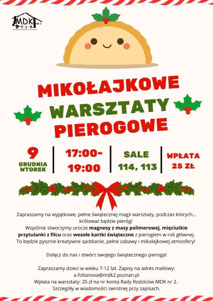 Mikołajowe Warsztaty Pierogowe - zaproszenie plakat