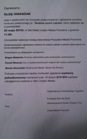 Wyróżnienie w kategorii klasy IV-VI dla Olgi Ignaszak za udział w konkursie plastycznym &quot;RODZINA MOICH MARZEŃ&quot; 